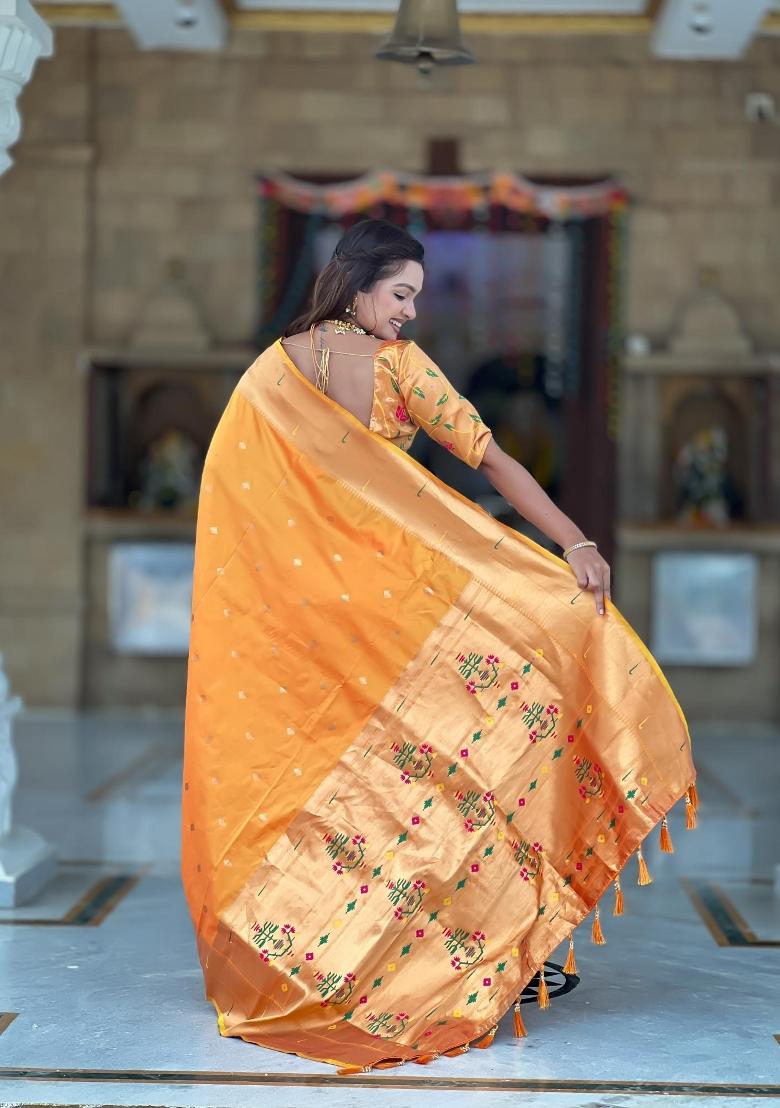 Orange Zari Woven Silk Saree Set - Indya