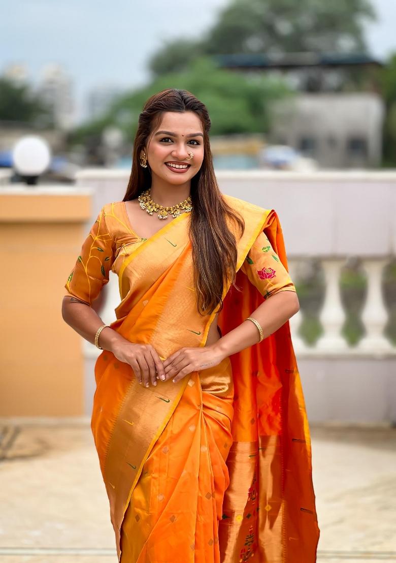 Orange Zari Woven Silk Saree Set - Indya