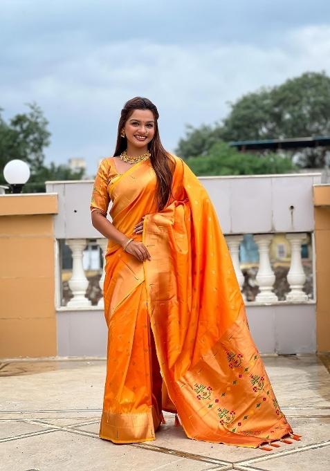 Orange Zari Woven Silk Saree Set