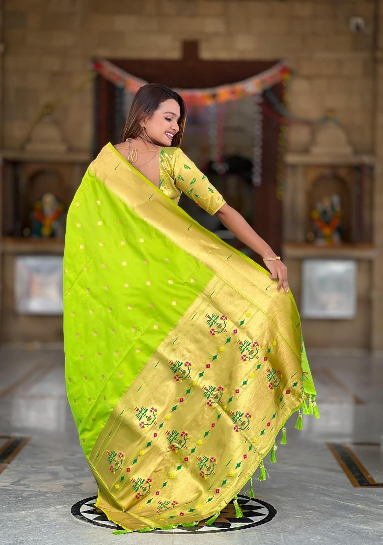 Green Zari Woven Silk Saree Set - Indya