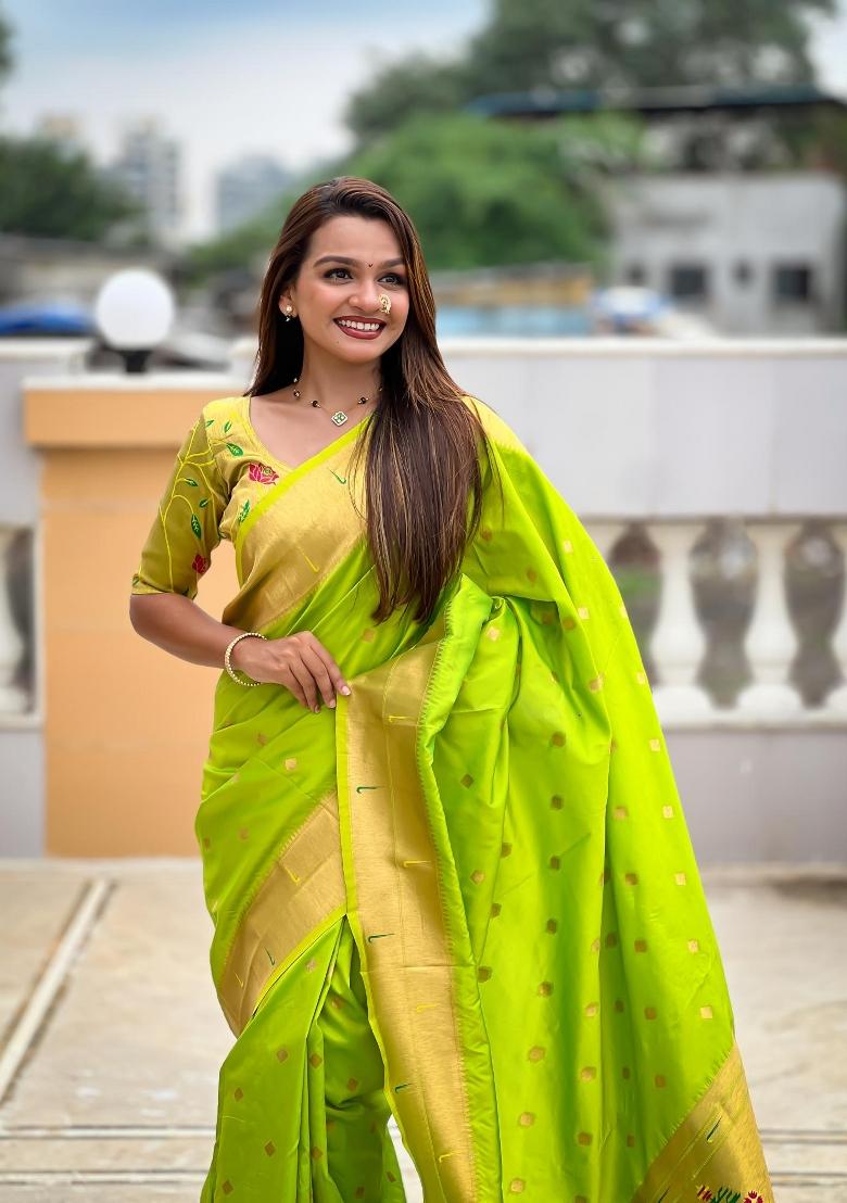 Green Zari Woven Silk Saree Set - Indya