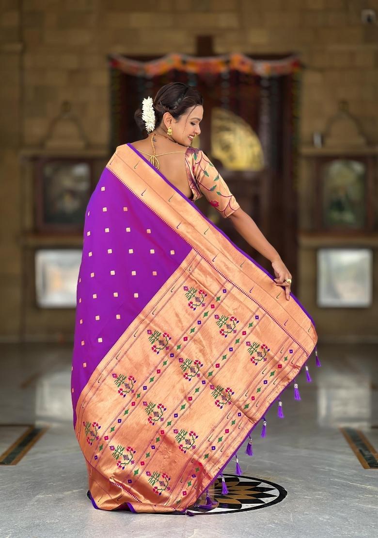 Purple Zari Woven Silk Saree Set - Indya