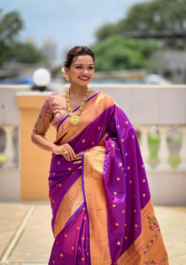 Purple Zari Woven Silk Saree Set - Indya