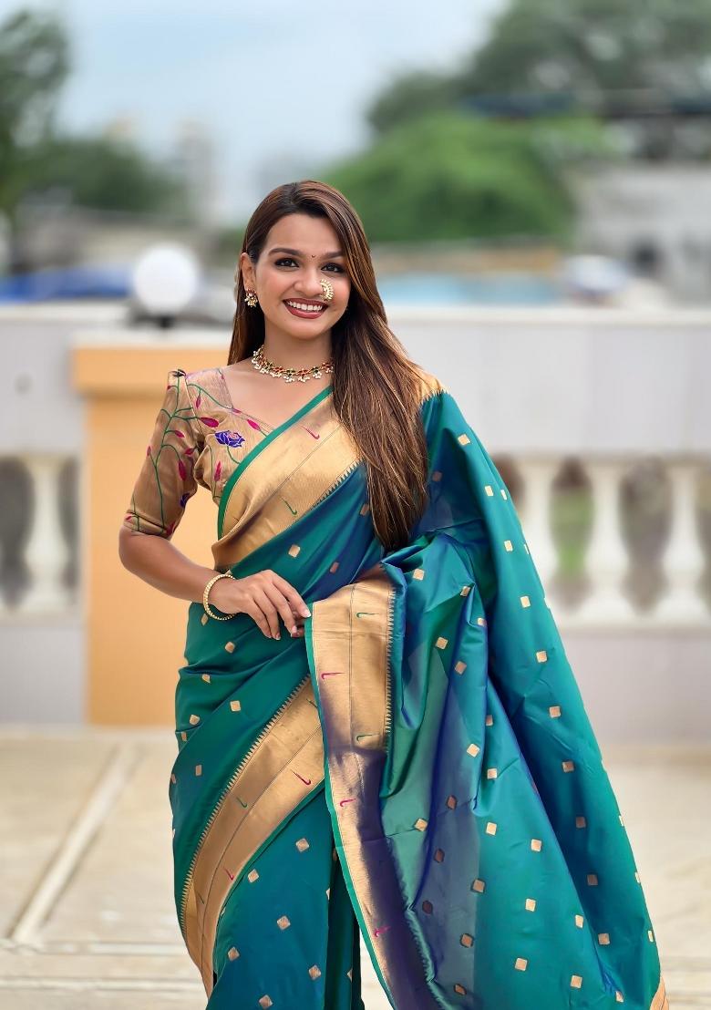 Rama Green Zari Woven Silk Saree Set - Indya