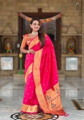 Pink Zari Woven Silk Saree Set