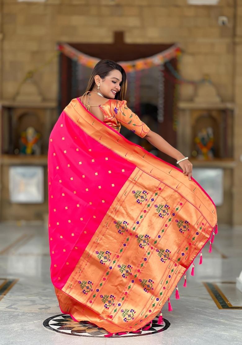 Pink Zari Woven Silk Saree Set - Indya