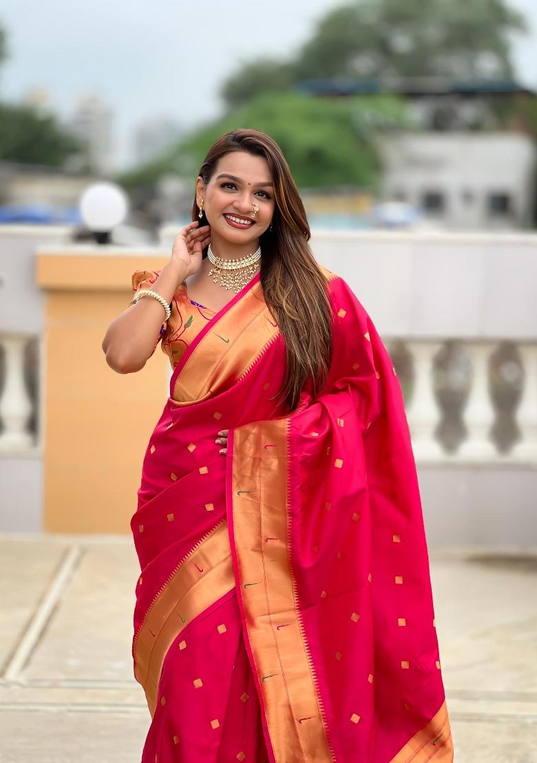 Pink Zari Woven Silk Saree Set - Indya