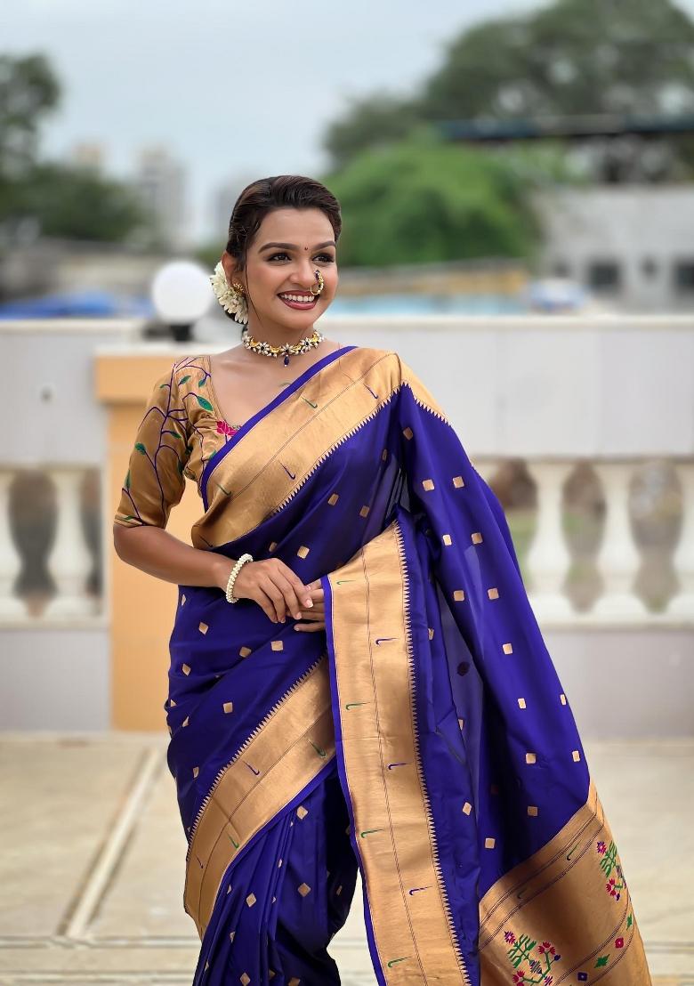 Violet Zari Woven Silk Saree Set - Indya
