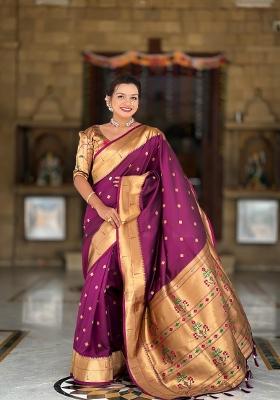 Wine Zari Woven Silk Saree Set