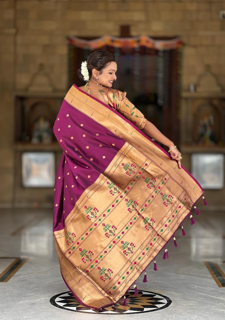 Wine Zari Woven Silk Saree Set - Indya