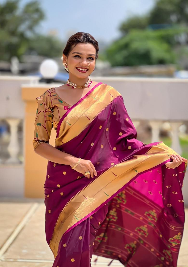 Wine Zari Woven Silk Saree Set - Indya