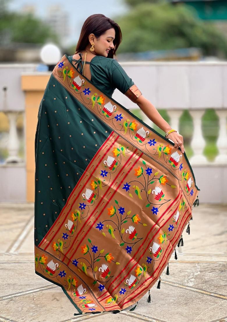 Green Zari Woven Silk Saree Set - Indya
