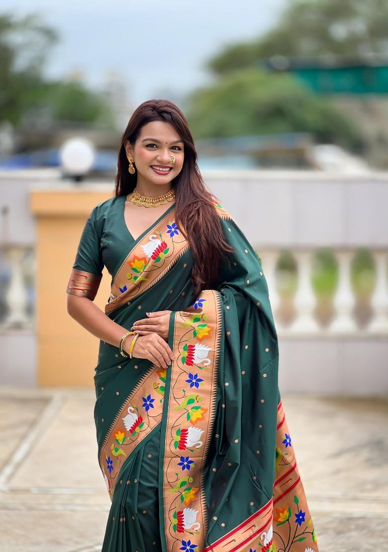 Green Zari Woven Silk Saree Set - Indya