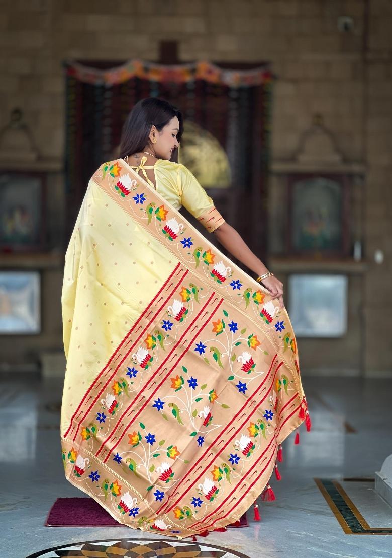 Cream Zari Woven Silk Saree Set - Indya