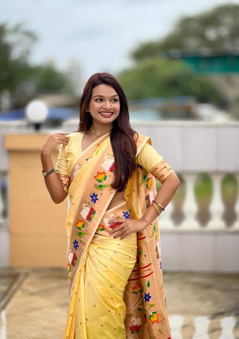 Cream Zari Woven Silk Saree Set - Indya