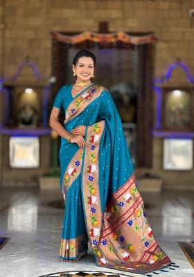 Turquoise Zari Woven Silk Saree Set