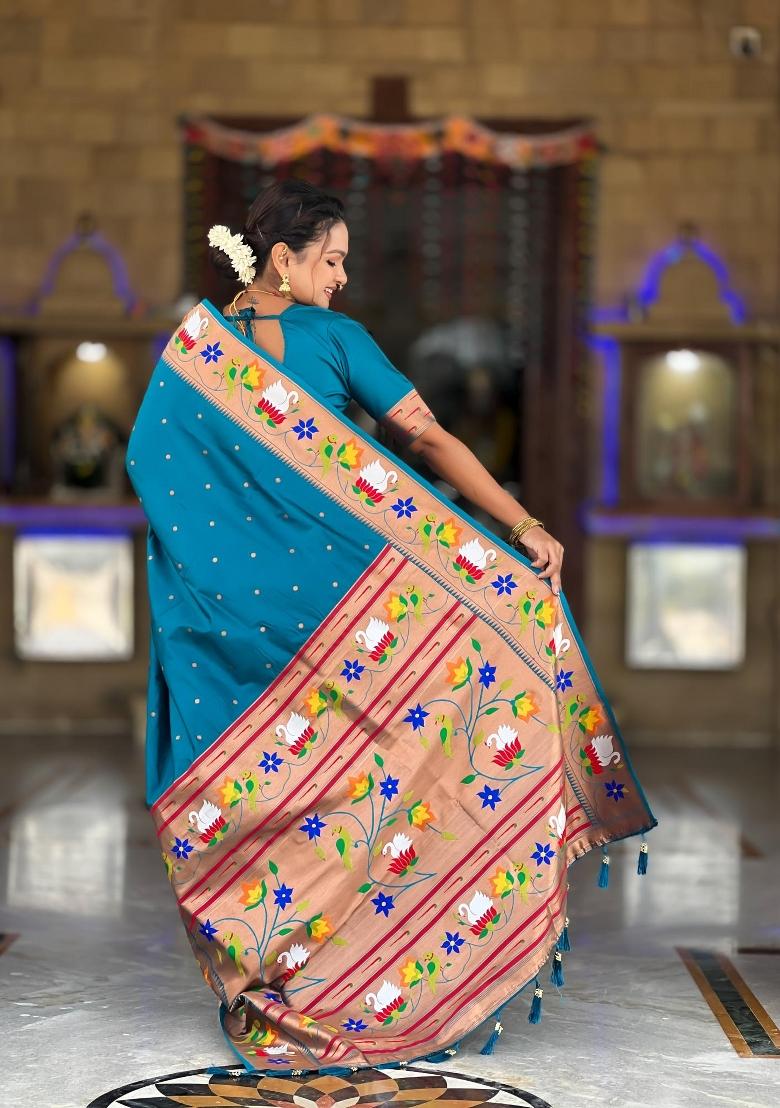 Turquoise Zari Woven Silk Saree Set - Indya