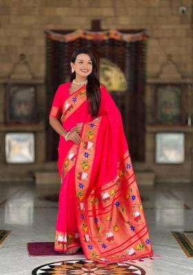 Pink Zari Woven Silk Saree Set
