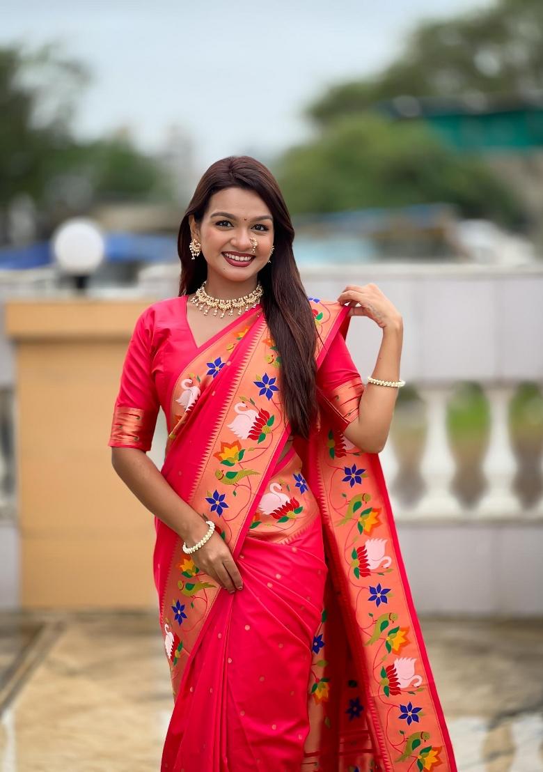 Pink Zari Woven Silk Saree Set - Indya