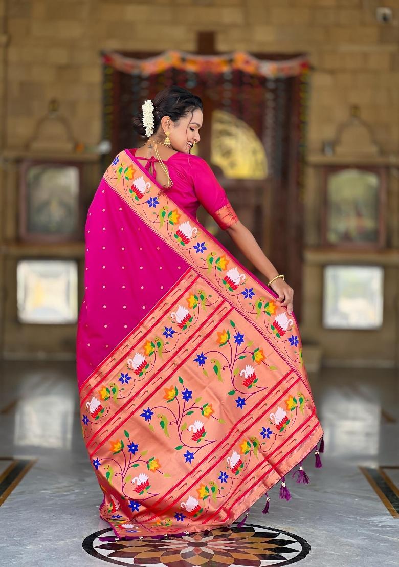 Magenta Zari Woven Silk Saree Set - Indya