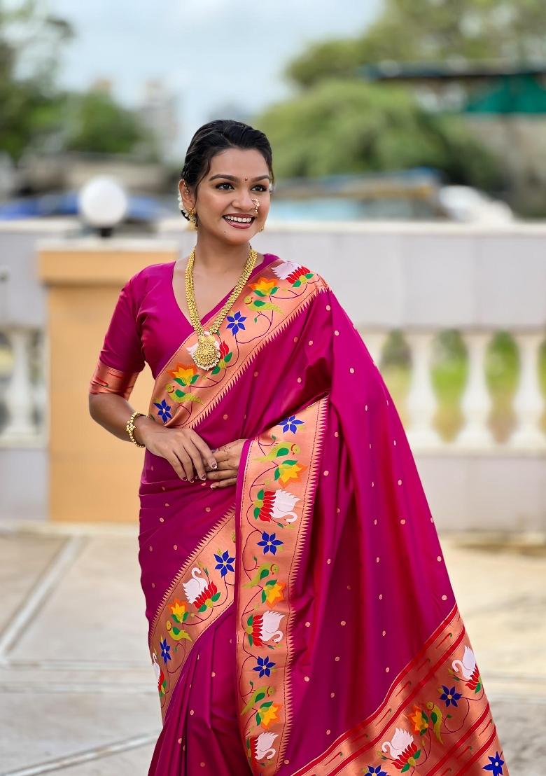Magenta Zari Woven Silk Saree Set - Indya