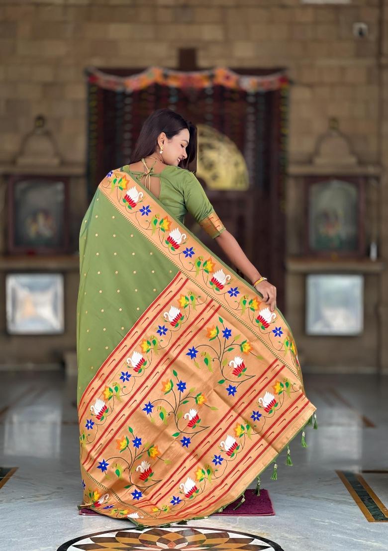 Mehendi Zari Woven Silk Saree Set - Indya