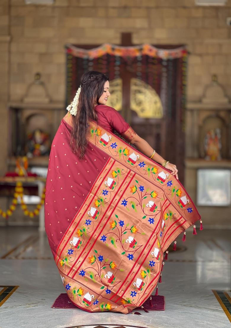 Maroon Zari Woven Silk Saree Set - Indya