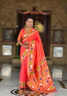 Orange Zari Woven Silk Saree Set