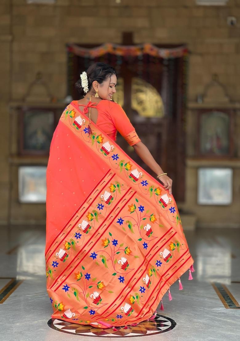 Orange Zari Woven Silk Saree Set - Indya