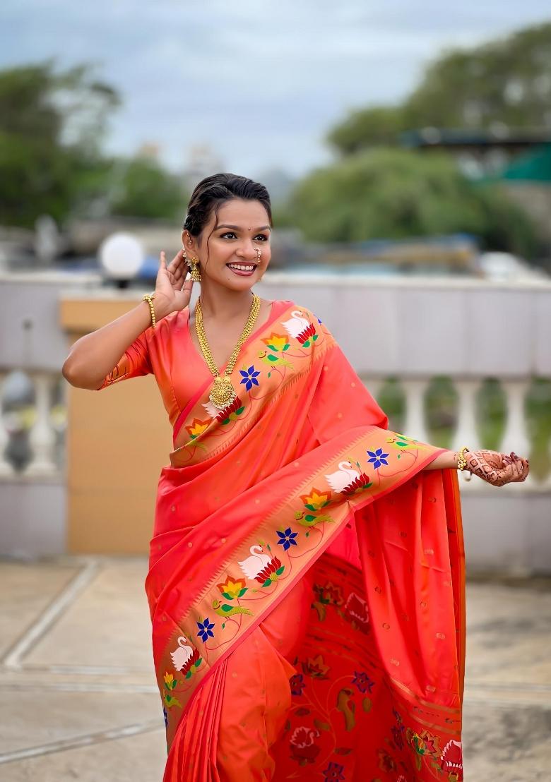 Orange Zari Woven Silk Saree Set - Indya