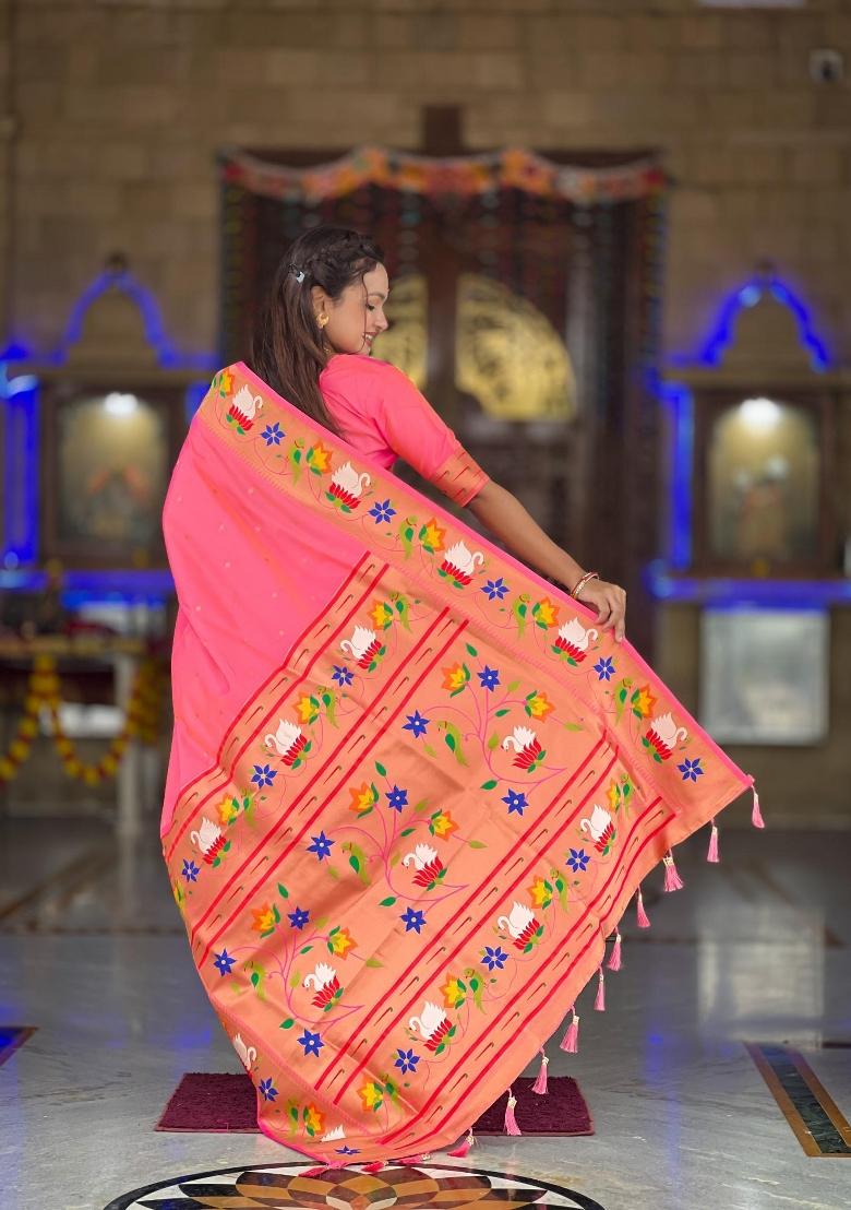 Peach Zari Woven Silk Saree Set - Indya