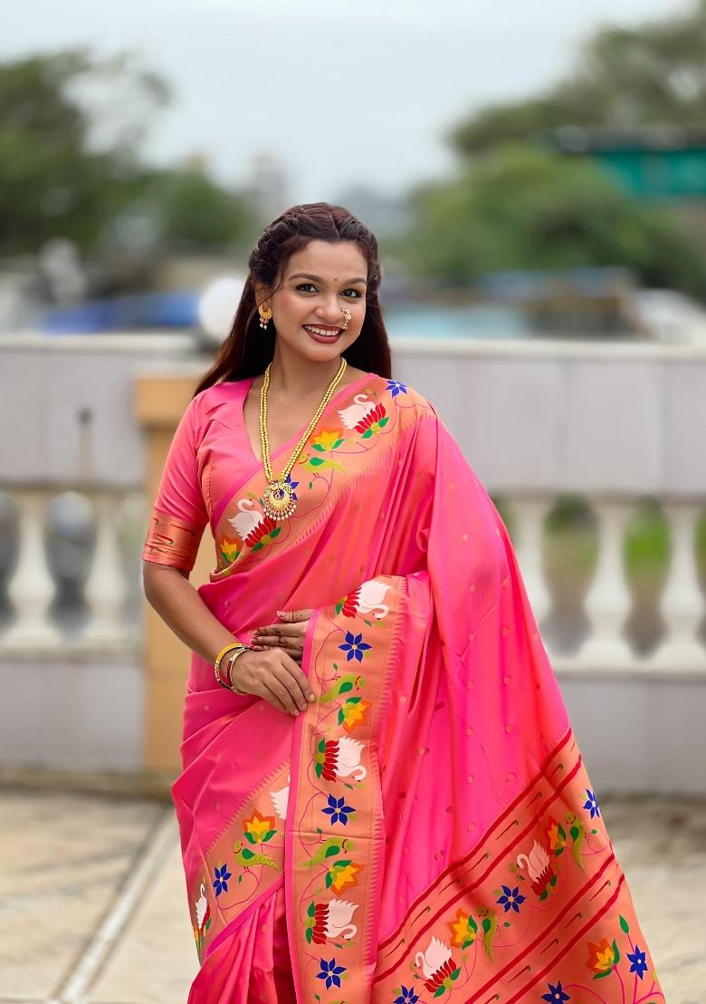 Peach Zari Woven Silk Saree Set - Indya