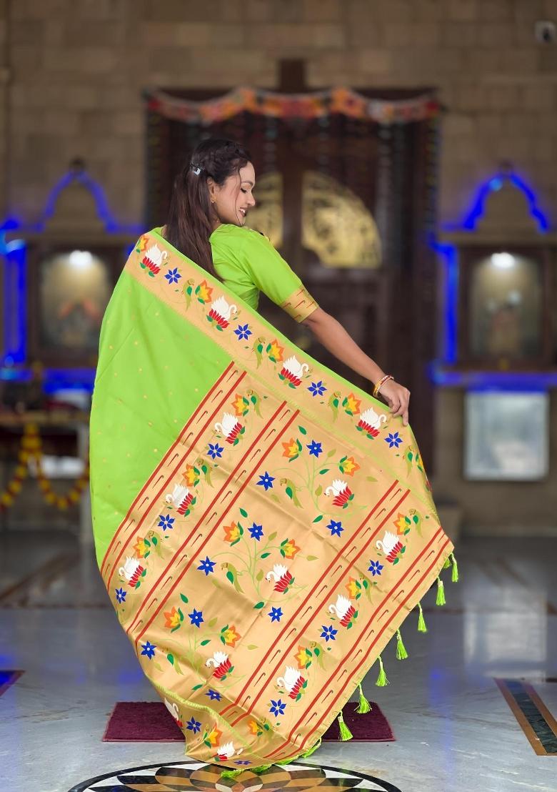 Green Zari Woven Silk Saree Set - Indya
