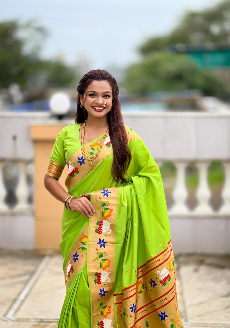 Green Zari Woven Silk Saree Set - Indya