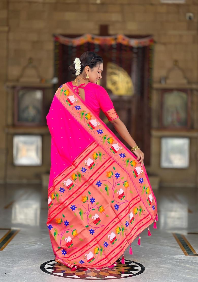Pink Zari Woven Silk Saree Set - Indya