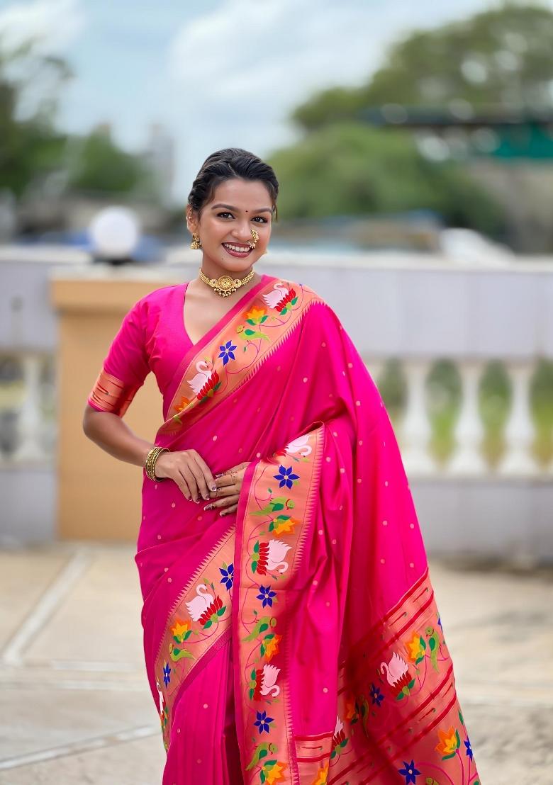 Pink Zari Woven Silk Saree Set - Indya
