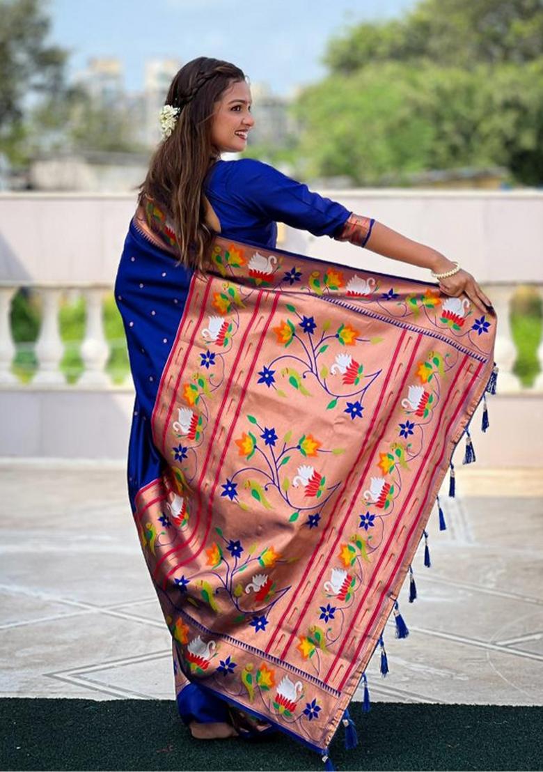 Light Blue Zari Woven Silk Saree Set - Indya