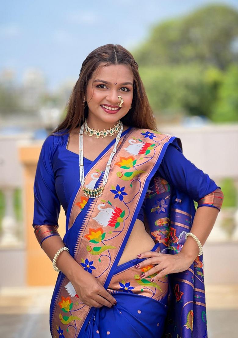 Light Blue Zari Woven Silk Saree Set - Indya