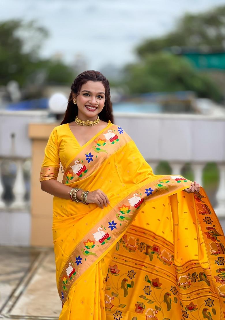 Yellow Zari Woven Silk Saree Set - Indya