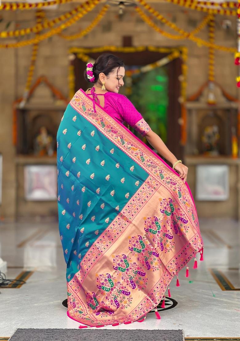 Rama Green Zari Woven Silk Saree Set - Indya