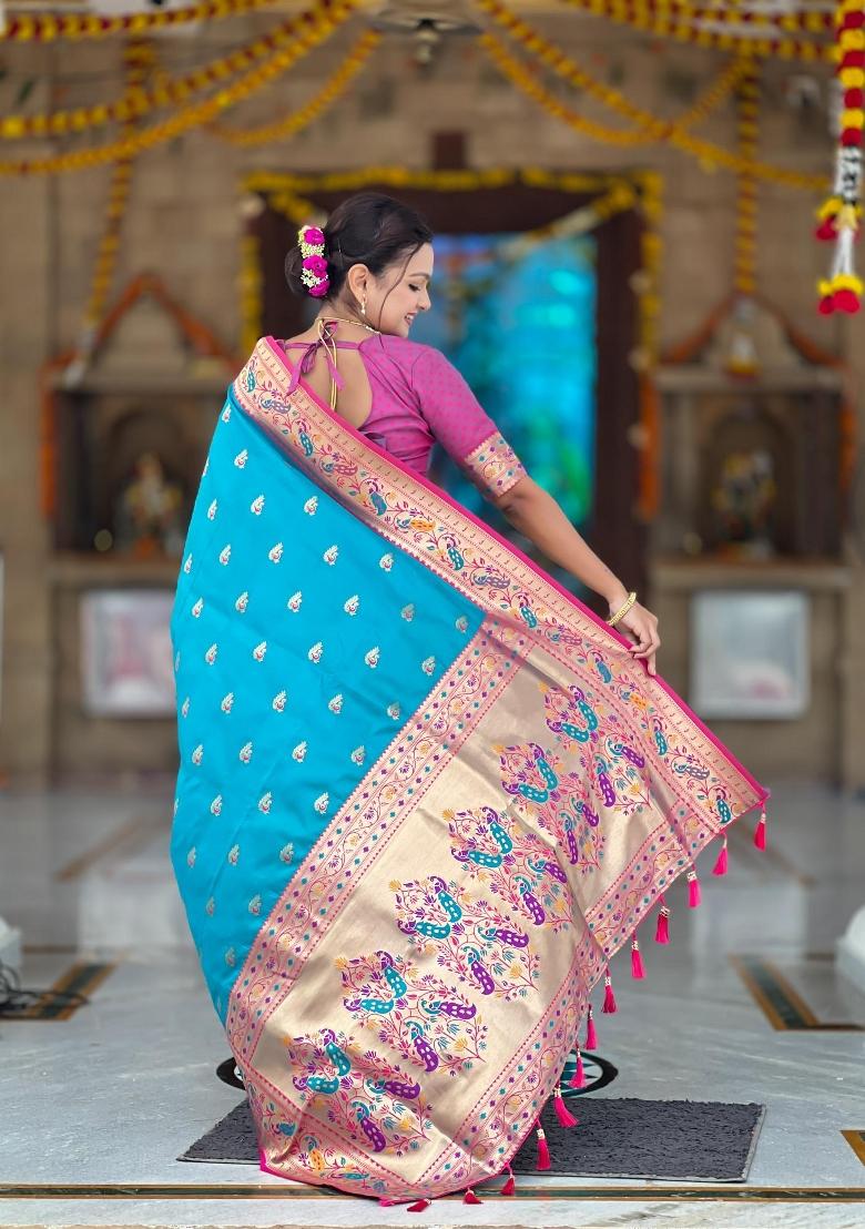 Turquoise Zari Woven Silk Saree Set - Indya