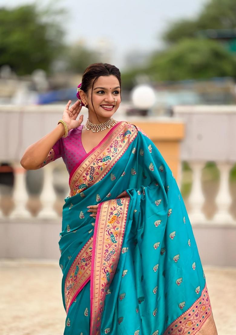 Turquoise Zari Woven Silk Saree Set - Indya