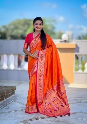 Orange Zari Woven Silk Saree Set