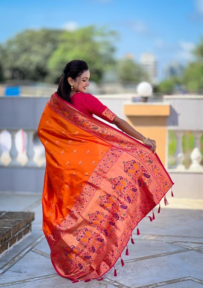 Orange Zari Woven Silk Saree Set - Indya