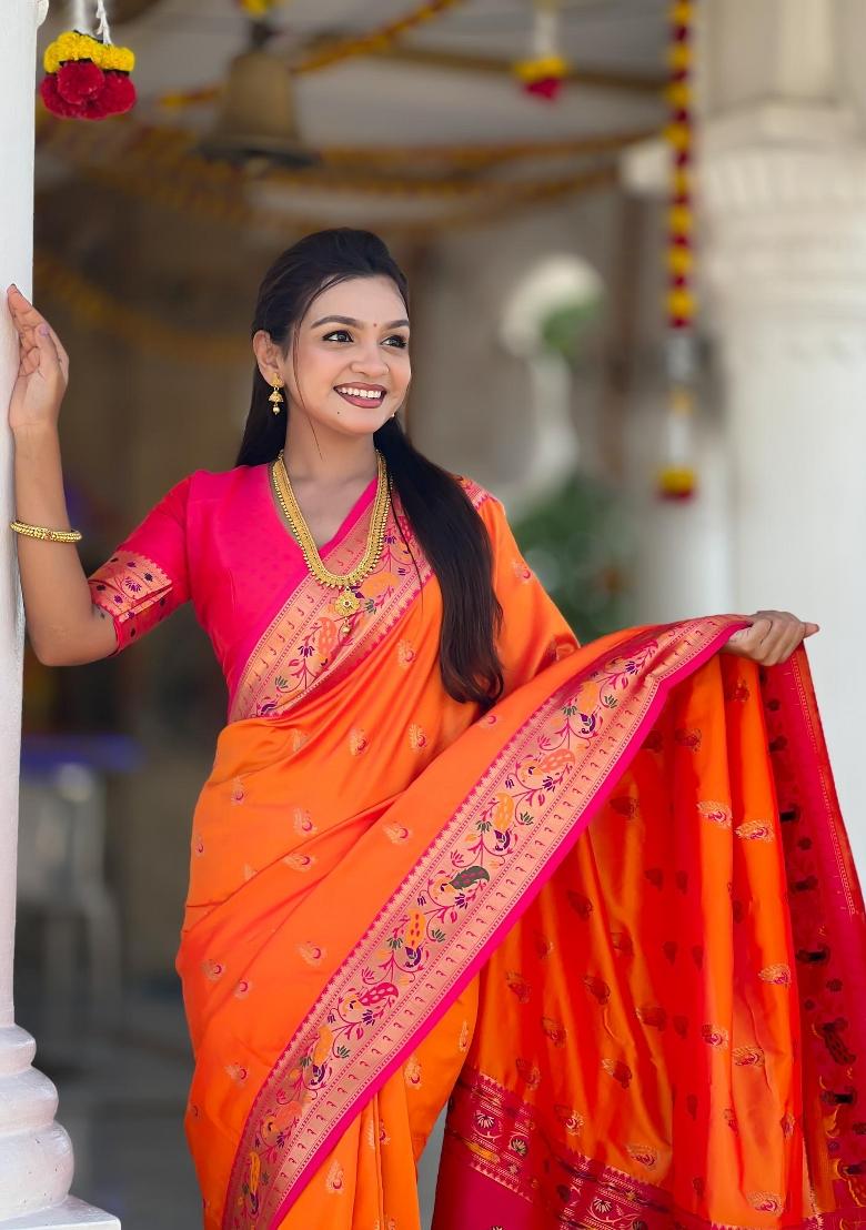Orange Zari Woven Silk Saree Set - Indya