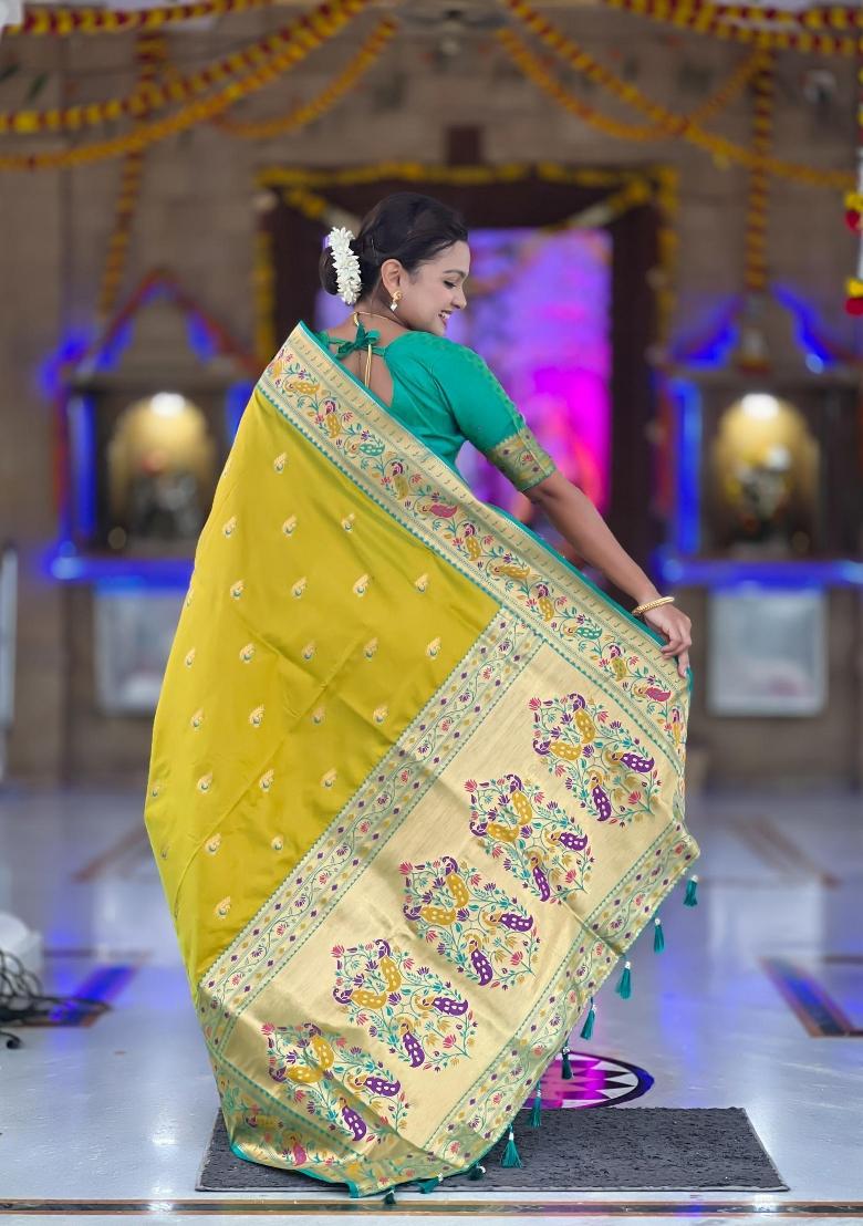 Green Zari Woven Silk Saree Set - Indya