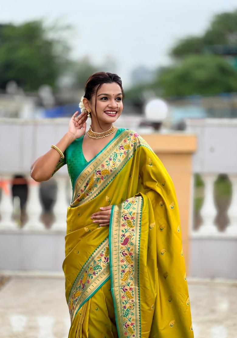 Green Zari Woven Silk Saree Set - Indya