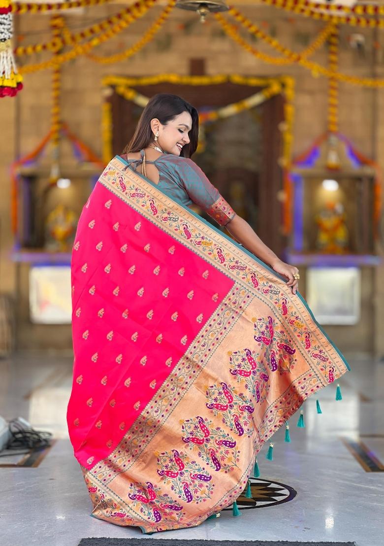 Pink Zari Woven Silk Saree Set - Indya