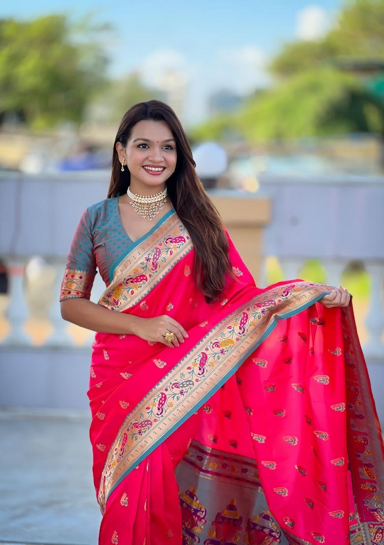 Pink Zari Woven Silk Saree Set - Indya
