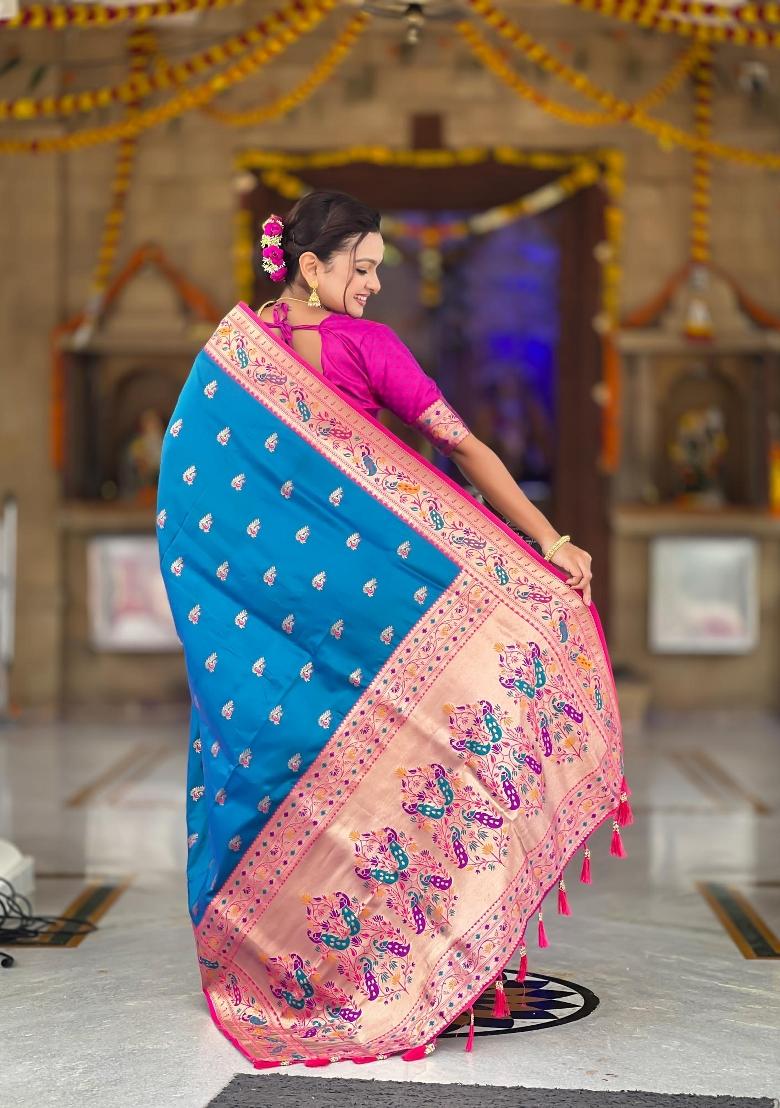 Sky Blue Zari Woven Silk Saree Set - Indya